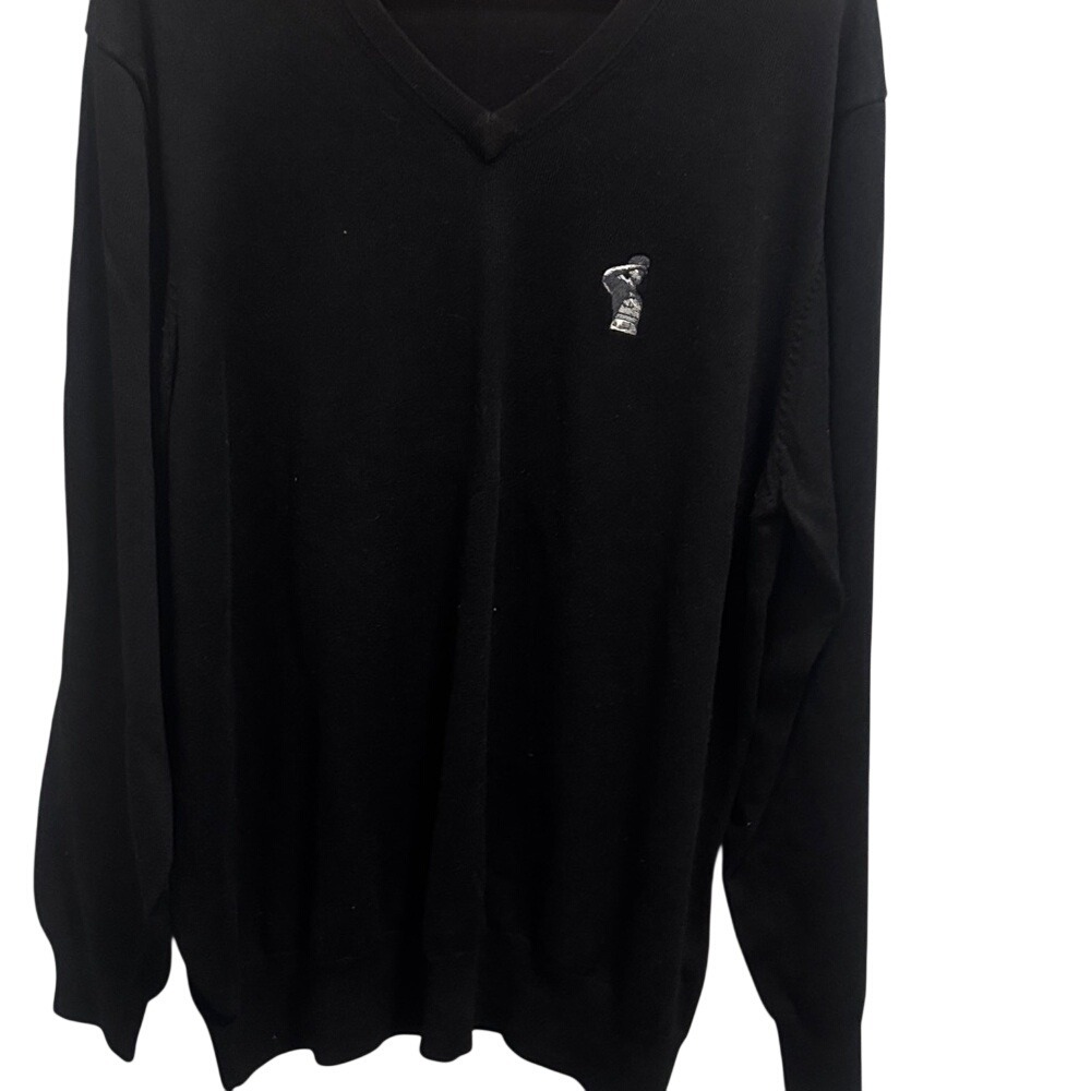 Antigua‎ Mens XL Black V-Neck Long Sleeve Knit Sweater Embroidered Logo Classic